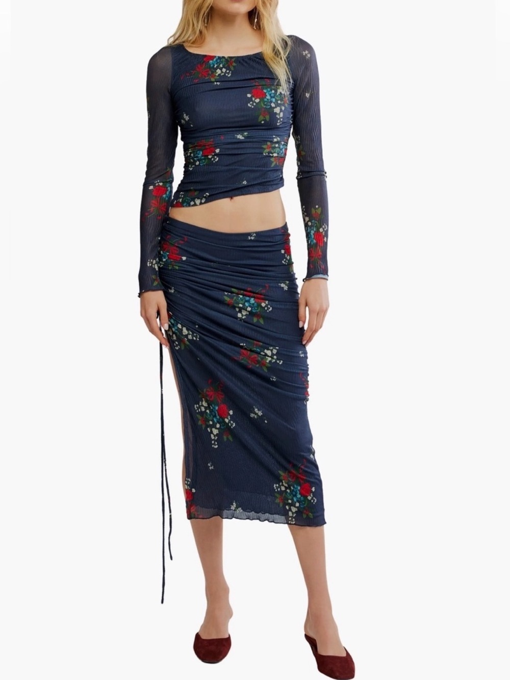 Free People Navy Floral Ruched Midi Skirt Set with Red and Green Accents